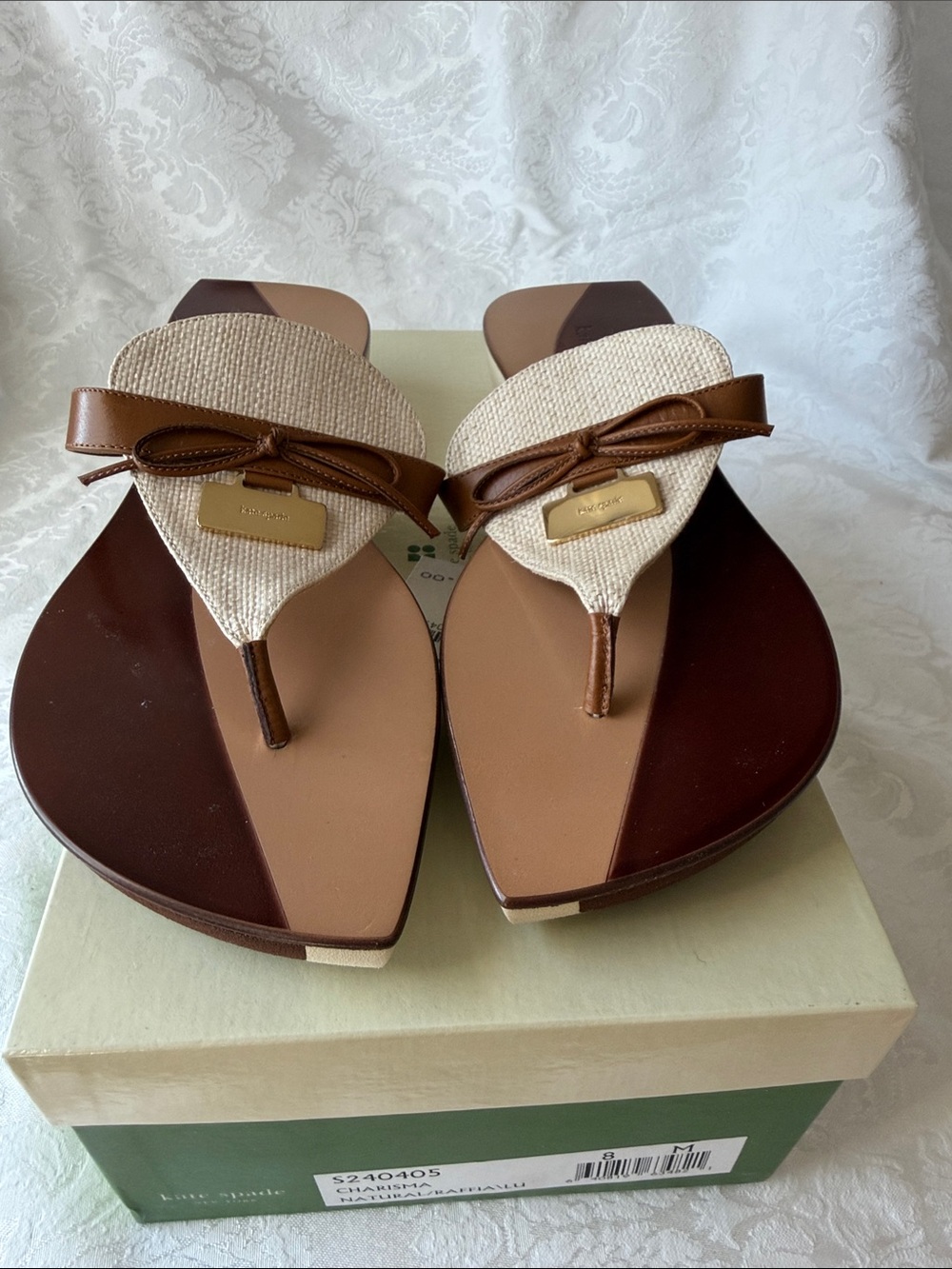 kate spade Brown and Cream Wedge Thong Sandals with Bow